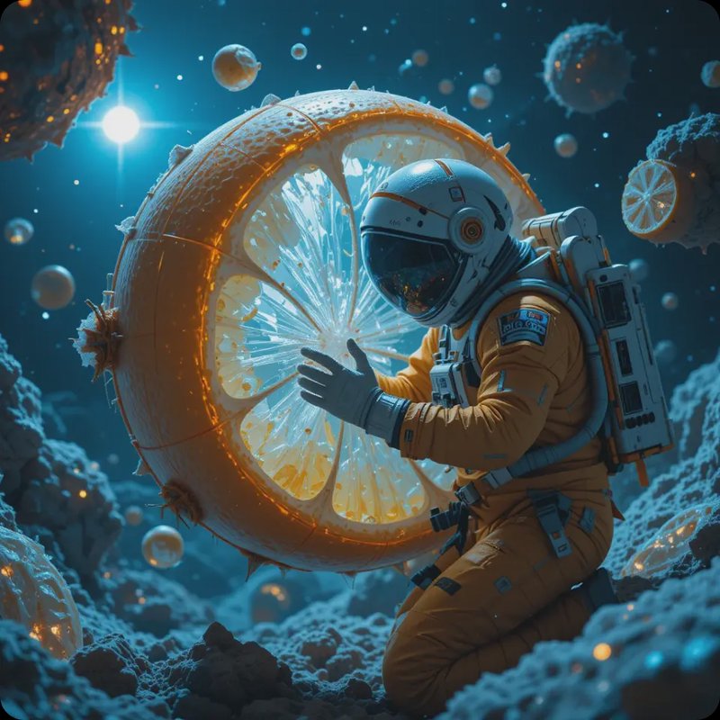 Astronaut in an orange suit kneels, pushing a glowing circular portal in an asteroid field.