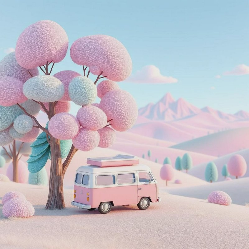 Pastel pink van with books on the roof beside a fluffy pastel tree in a whimsical snowy landscape