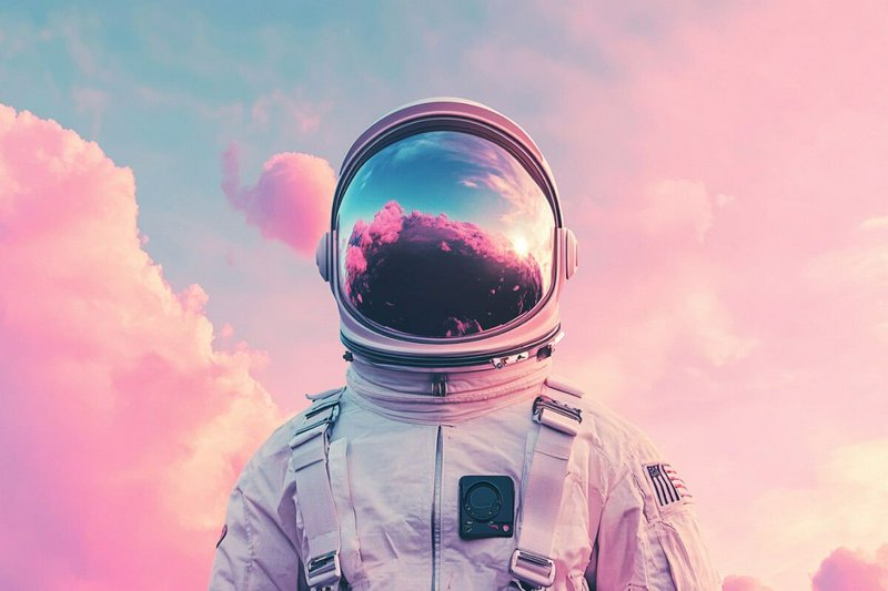 Astronaut in a white space suit with a reflective helmet against a pink-blue sky.
