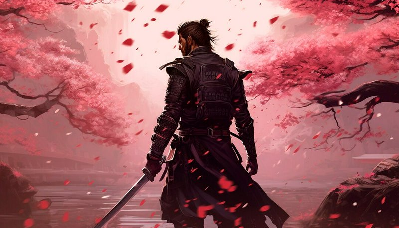 Ninja samurai with katana standing in a pink cherry blossom garden, back view.