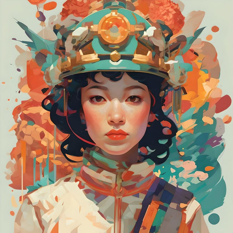 Portrait of a woman wearing a teal steampunk helmet with gold accents, set against a vibrant abst...