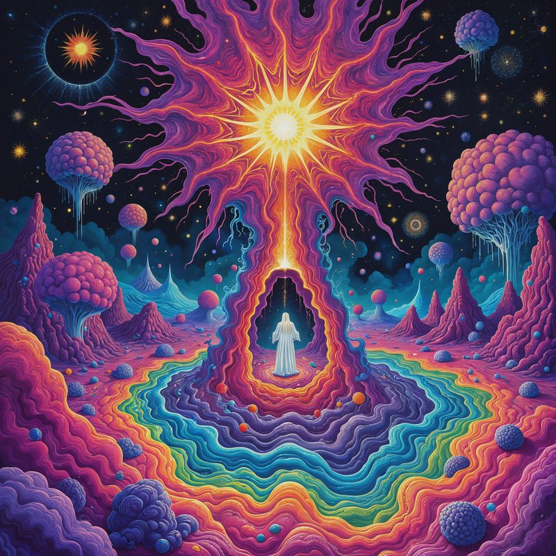 Psychedelic cosmic landscape with a radiant sunburst portal and a cloaked figure entering a rainb...