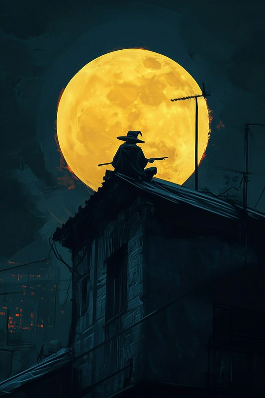 Silhouette of a person in a hat on a rooftop with a giant yellow full moon behind.
