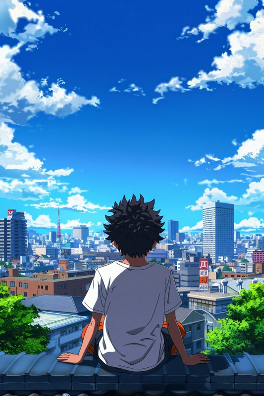 Anime character with spiky black hair sits on a rooftop ledge overlooking a city skyline under a ...