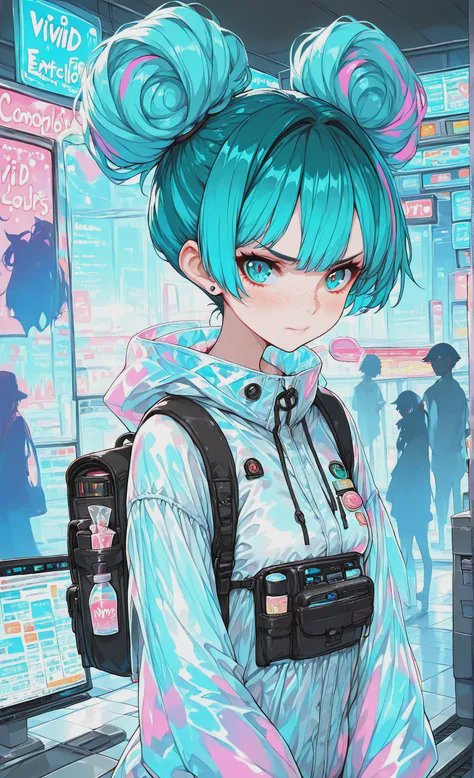 Anime-style girl with turquoise twin buns wearing an iridescent hoodie in a neon futuristic city.