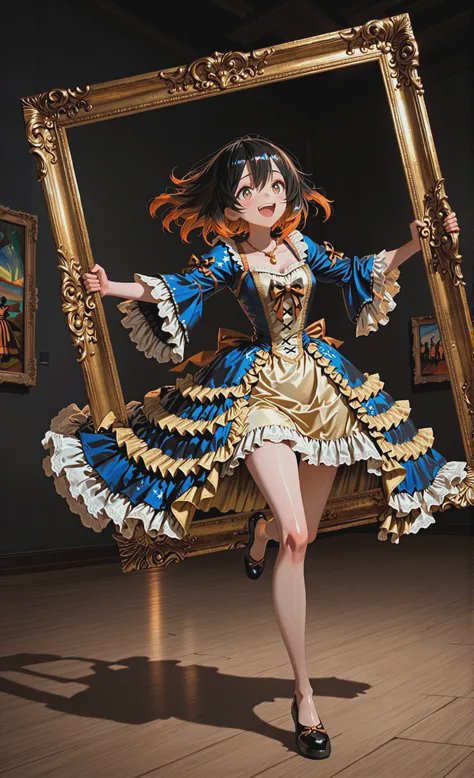 Cosplayer in a blue and gold ruffled dress posing with a large ornate gold frame.