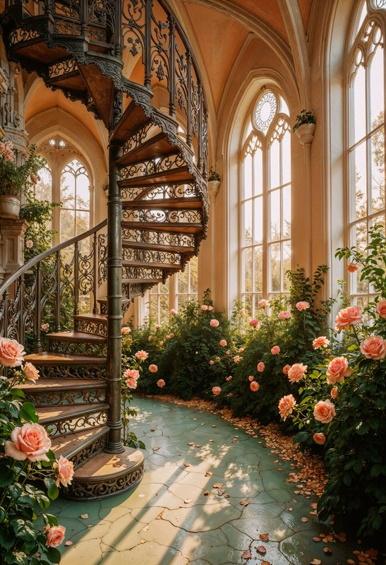 Ornate wrought-iron spiral staircase in a sunlit conservatory surrounded by pink roses