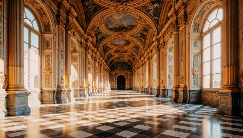 Grand ornate hallway with arches, columns, and a checkered marble floor bathed in sunlight.