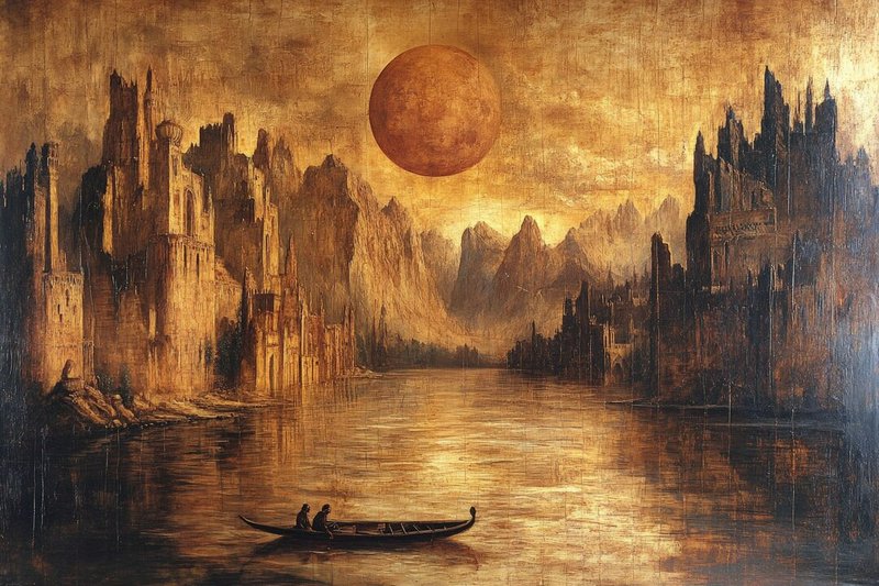 Golden-hued ancient city ruins along a calm river with a small boat and two figures under a large...