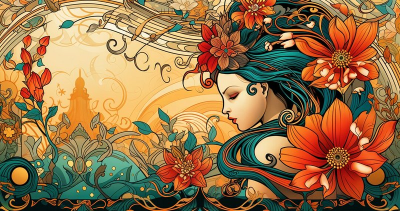 Art Nouveau-inspired portrait of a woman with flowing teal hair among vibrant orange and red flow...