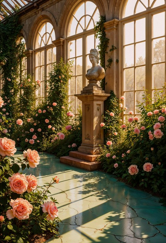 Sunlit greenhouse corridor with pink roses, climbing ivy, and a classical bust on a pedestal.