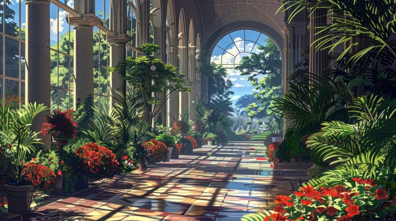 Sunlit glass atrium of a botanical conservatory with arches and lush tropical plants.
