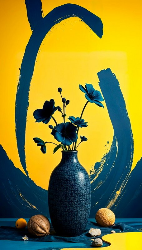Blue patterned vase with blue flowers against a bold yellow and blue abstract background