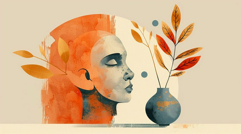 Abstract profile portrait with an orange-red head and a blue vase of orange leaves.