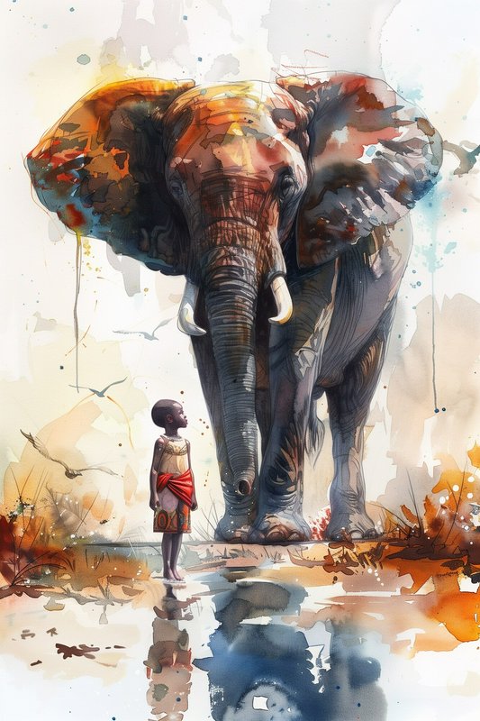 Child in red cloth facing a towering watercolor elephant in a reflective puddle.