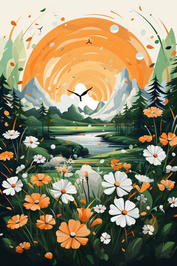 A vibrant stylized landscape with an orange sunset, mountains, a winding river, and foreground wh...