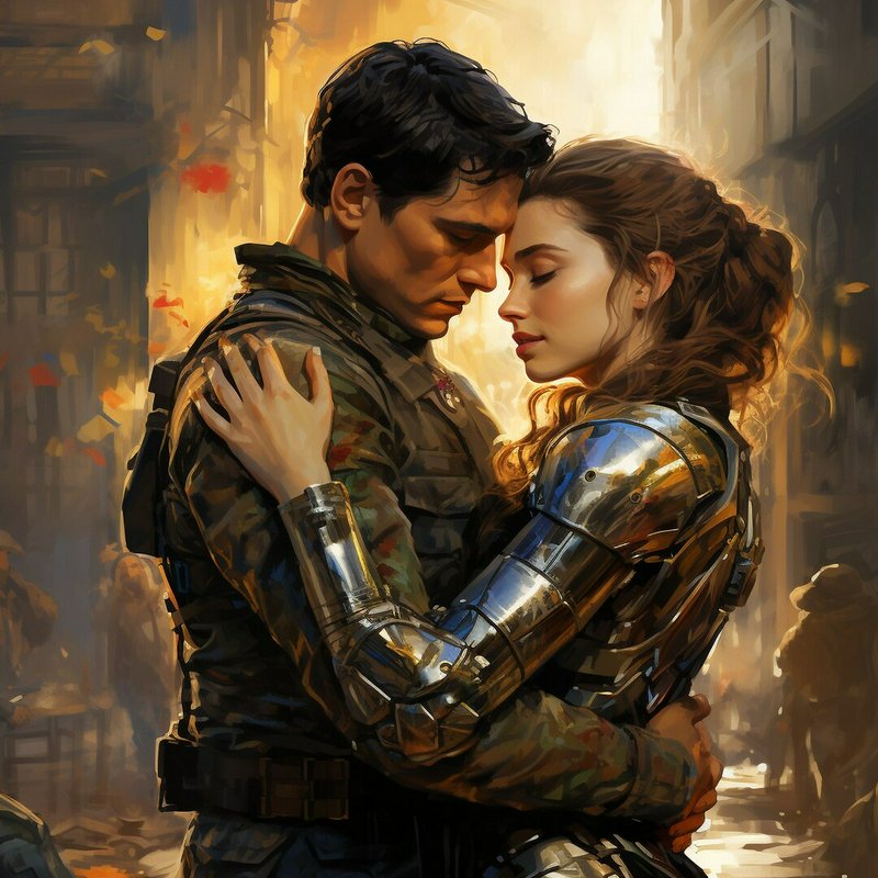 A romantic embrace between a man in camouflage and a woman in chrome armor in a warm, urban backd...