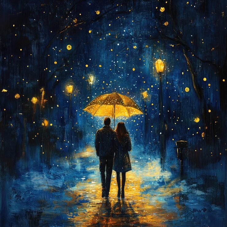 Couple walking under a glowing yellow umbrella in a rain-soaked blue night street with golden ref...