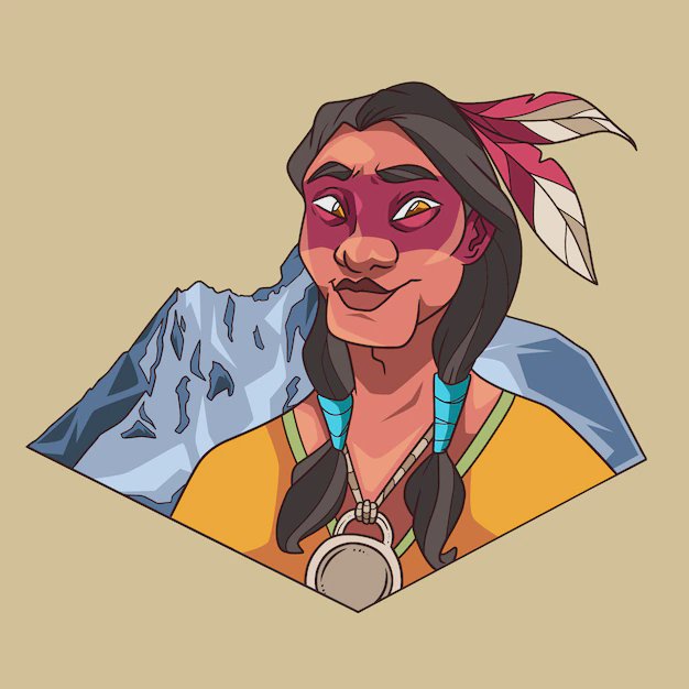Stylized Indigenous woman with red facial paint, braids, turquoise beads, and feather headdress w...