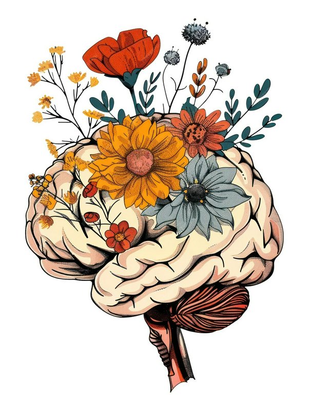 Illustrated human brain with colorful flowers blooming from the top.
