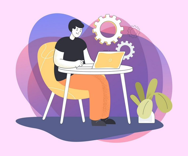 A person sits at a round desk working on a yellow laptop with gears floating above in a colorful ...