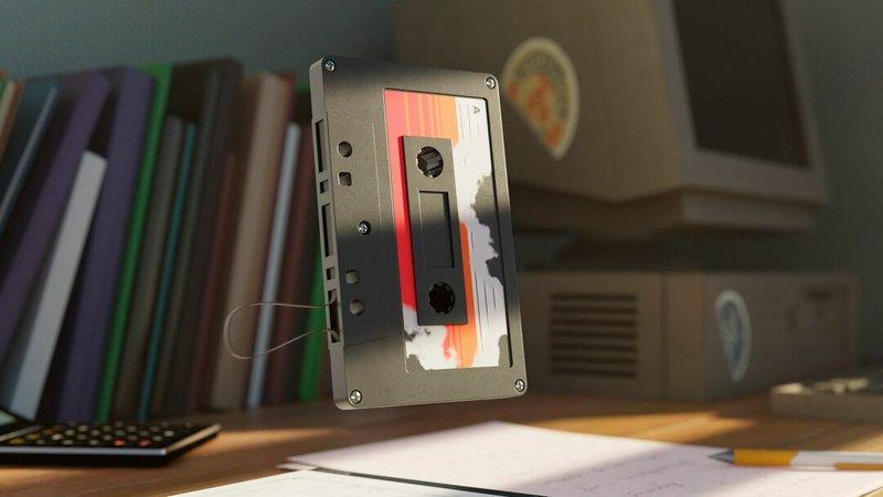 Floating vintage cassette tape above a cluttered desk with books and a retro computer