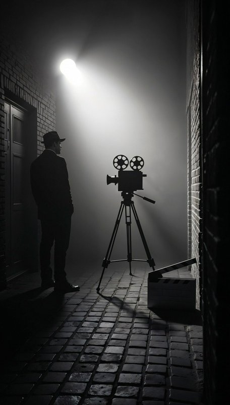 Man in a fedora and suit beside a vintage film camera on a tripod in a foggy alley with a spotlight.