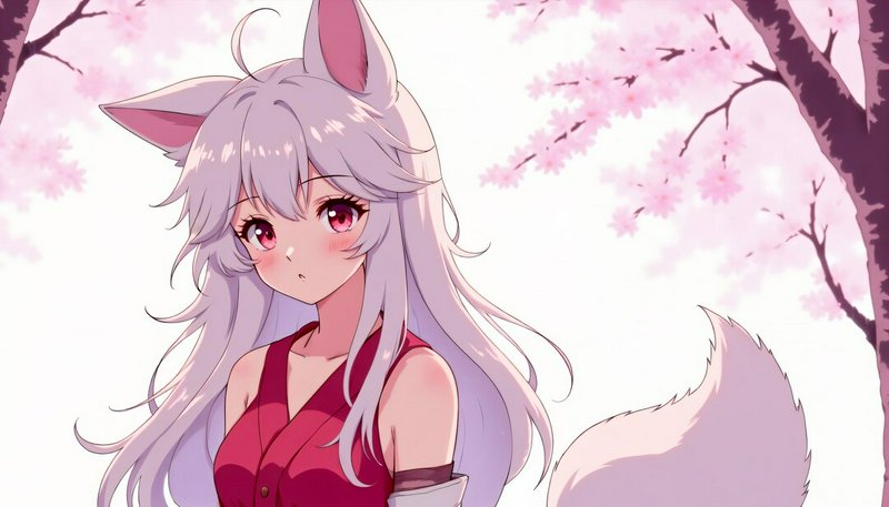 Anime-style fox girl with silver hair, red top, ears, and fluffy tail under pink cherry blossoms.
