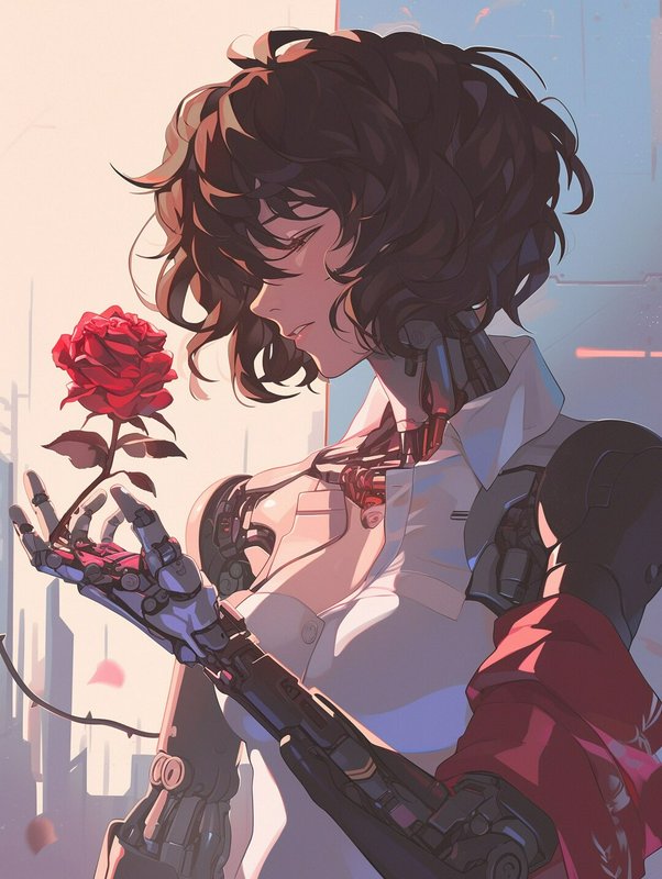 Cybernetic woman in a white shirt holds a red rose, exposing mechanical arms in a futuristic scene.