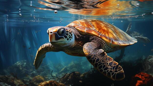 Underwater photo of a sea turtle swimming near a rocky seabed with blue ocean light.