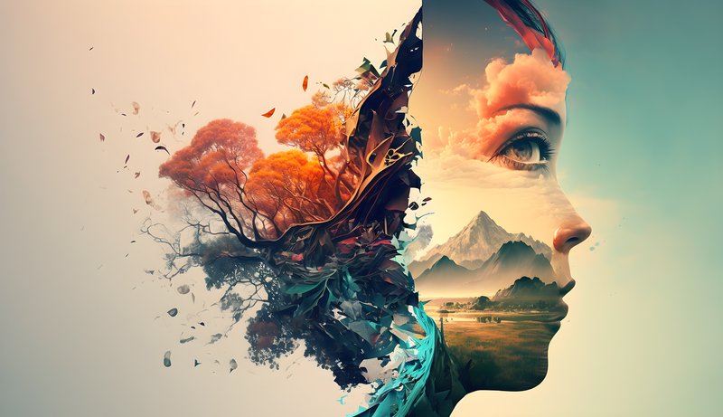 Double exposure portrait blending a woman's profile with autumn trees and mountains.
