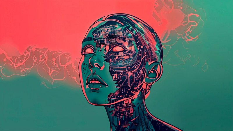 Cybernetic human head with exposed circuitry in teal and pink gradient