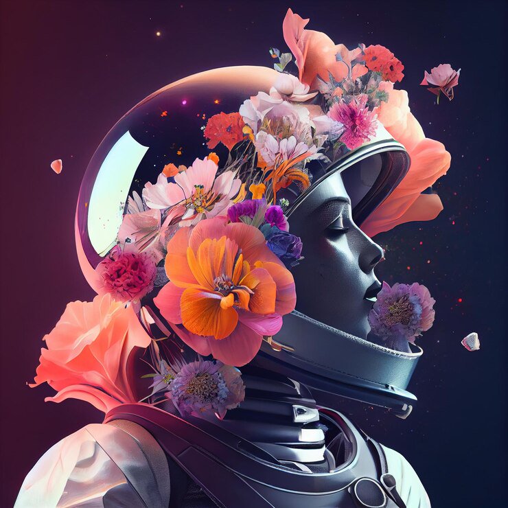 Astronaut helmet with vibrant flowers blooming around and inside, in a surreal space scene.