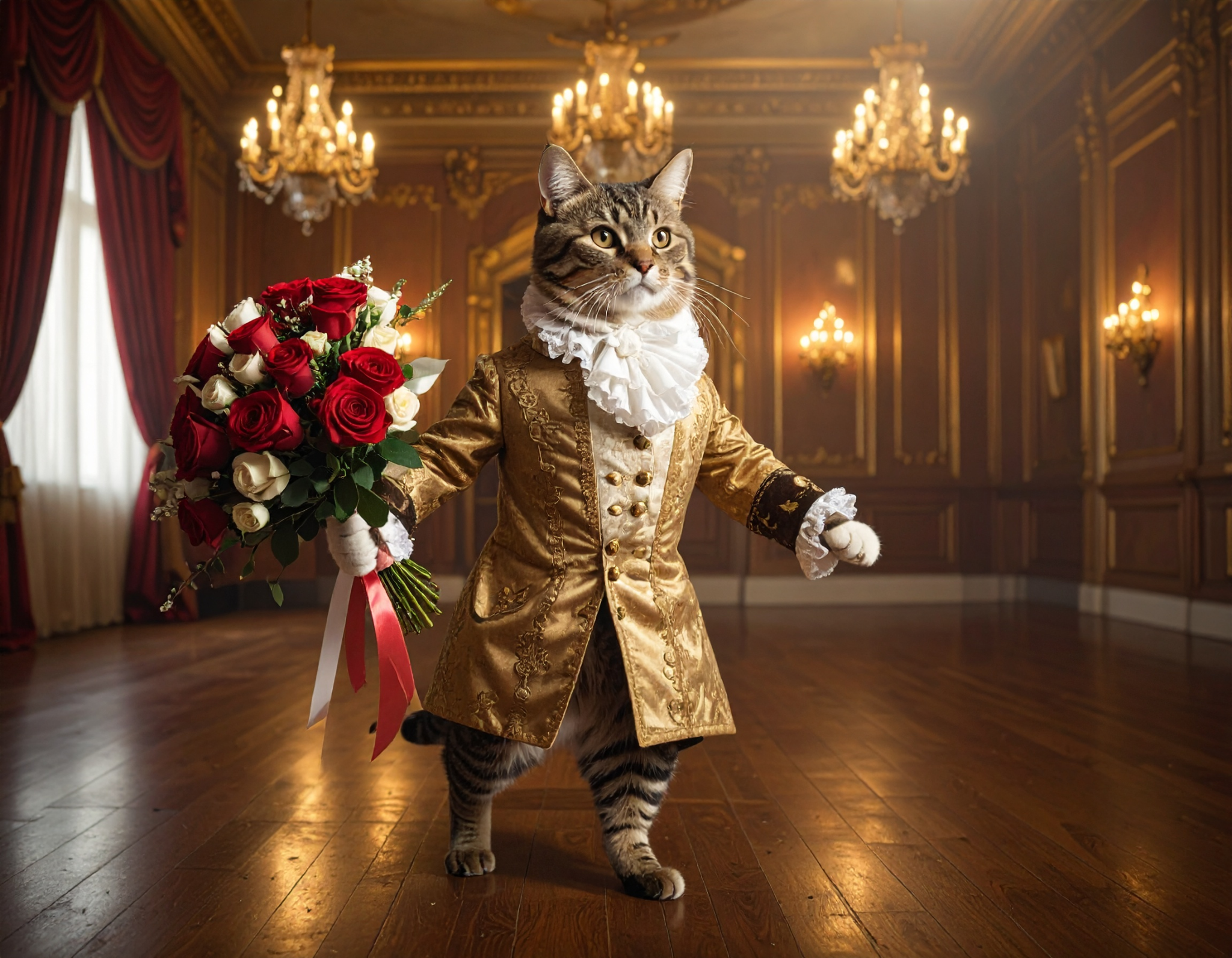 Cat in a gold Victorian-style coat holding a bouquet in a grand ballroom.