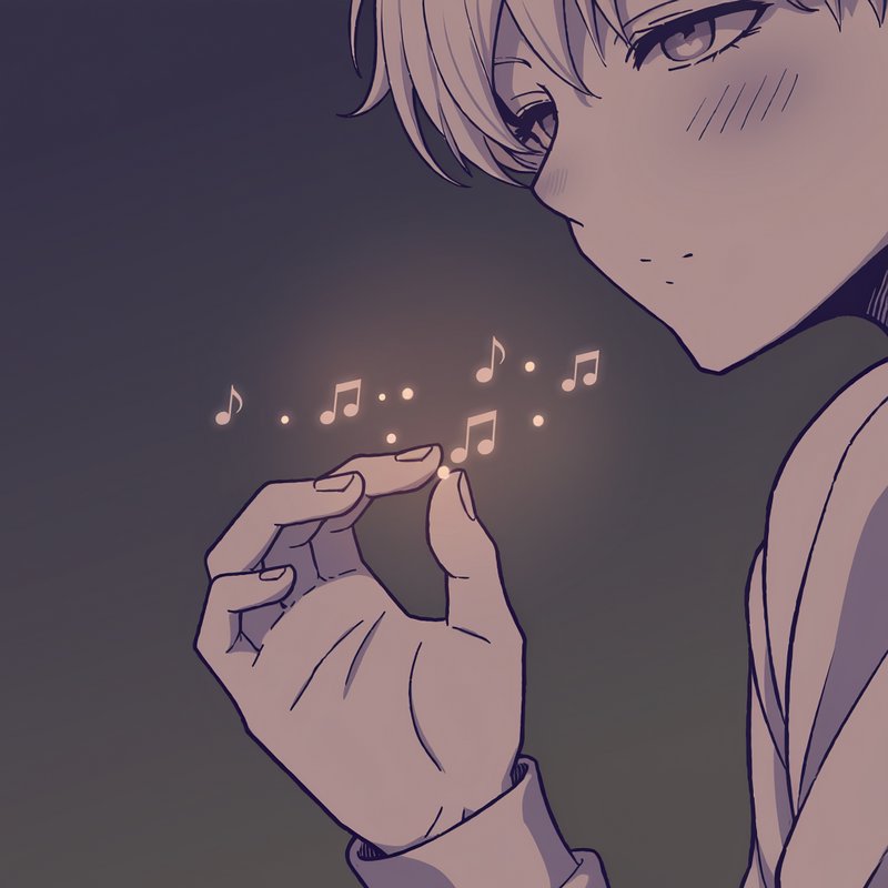 Anime-style illustration of a person blowing glowing musical notes from their fingers at dusk.