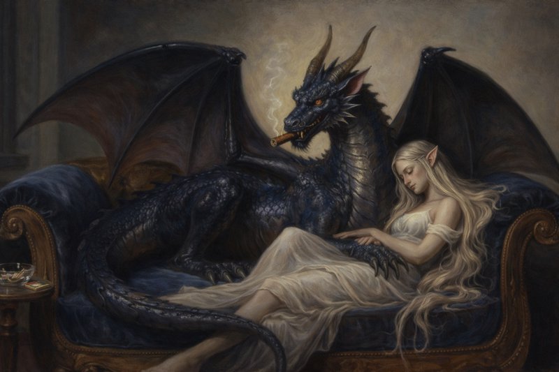 Dark blue dragon with wings lounging on a velvet sofa beside a sleeping elven woman.