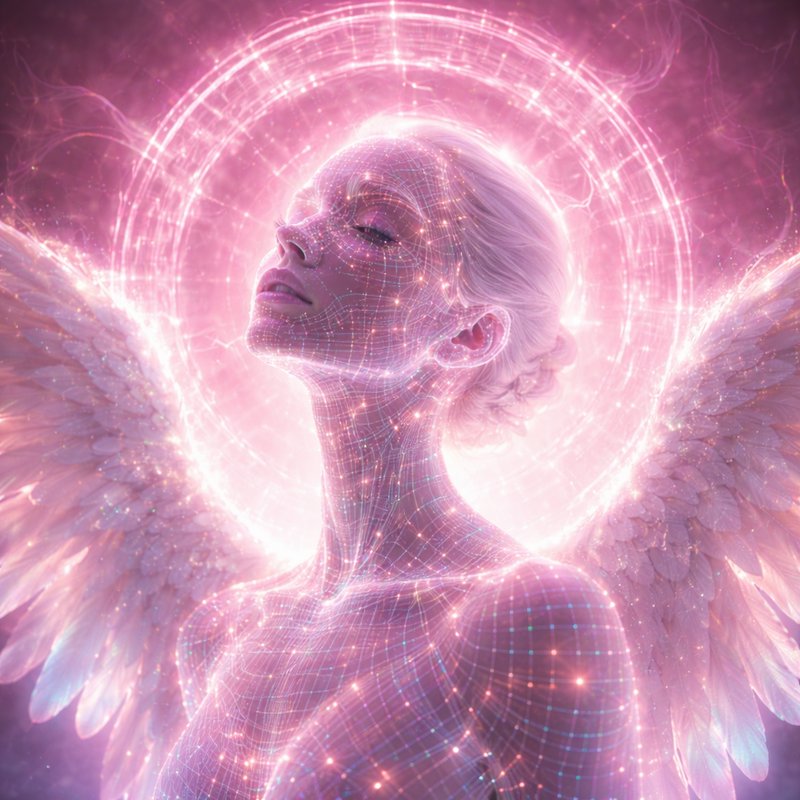 Angelic figure with a pink glowing halo and holographic grid skin, large white wings.
