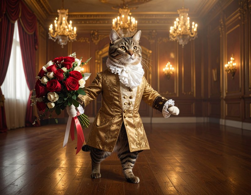 Cat in a gold Victorian-style coat holding a bouquet in a grand ballroom.