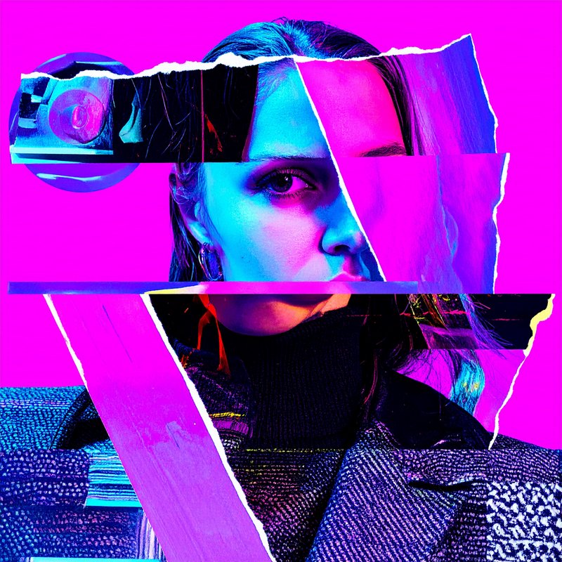 Neon collage portrait of a woman’s face with torn paper fragments in pink and blue tones.