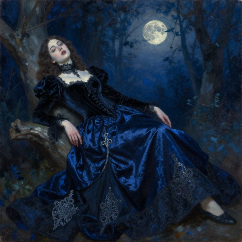 Moonlit night portrait of a woman in a blue velvet Victorian gown seated on a tree stump.