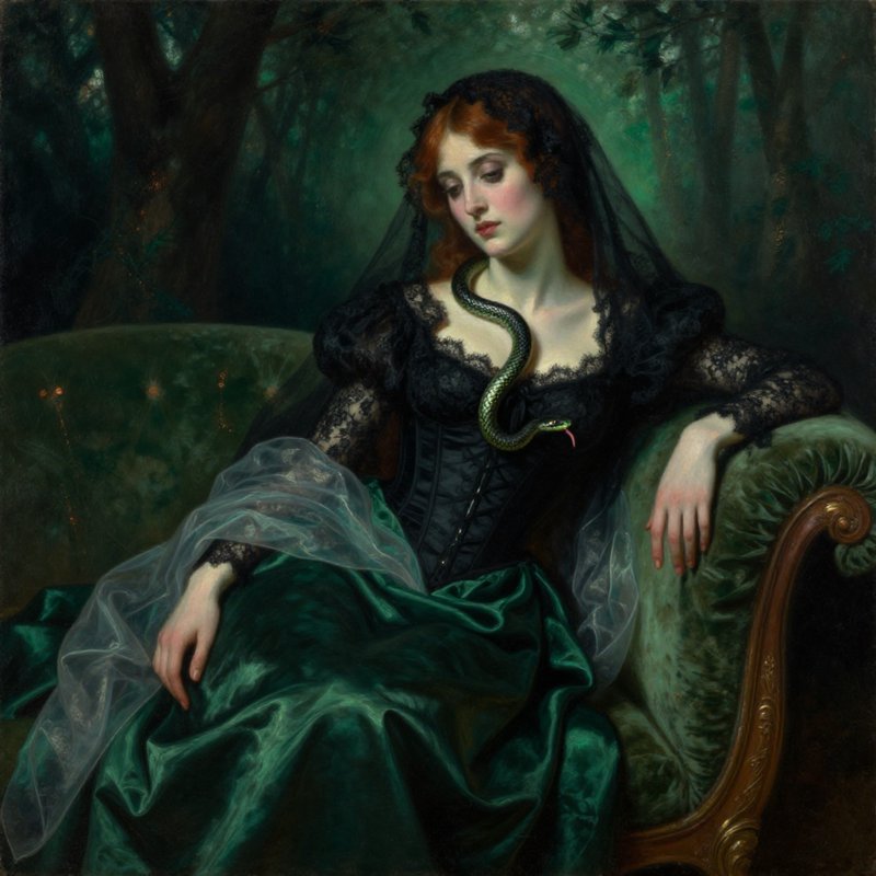 Woman in a black lace bodice and emerald satin gown with a veil sits on a velvet chair, a snake l...