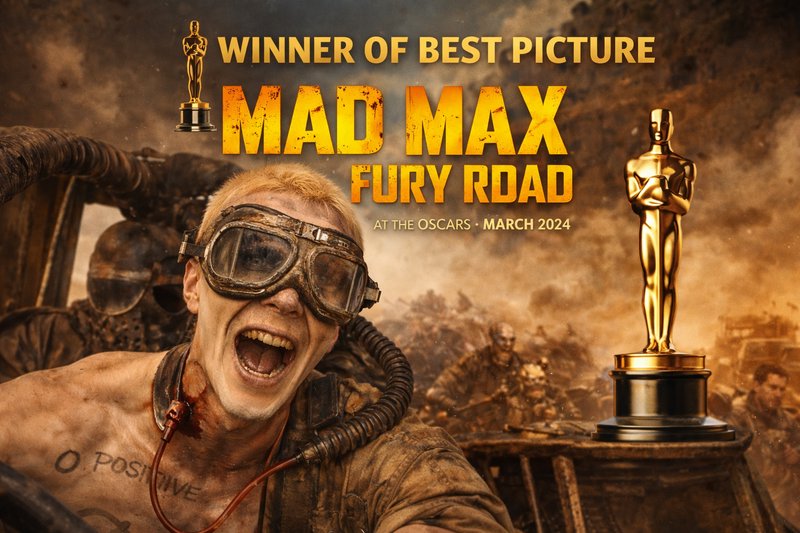 Mad Max Fury Road-inspired survivor with goggles among dust and a golden Oscar statue in bold text.