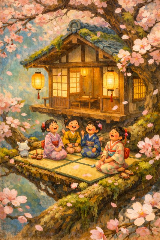Four smiling children in kimonos sit on a tatami platform beneath cherry blossoms beside a cozy w...