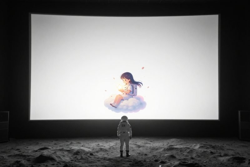 Astronaut stands on a lunar surface watching a large screen showing a cartoon girl on a cloud.
