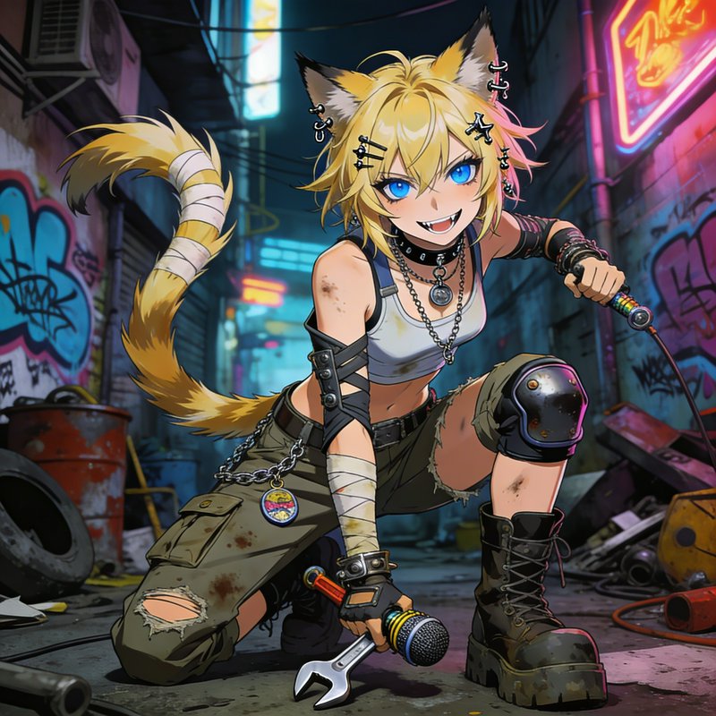 Anime-style fox-eared girl with blonde hair, punk outfit, kneeling in an alley, holding a microph...