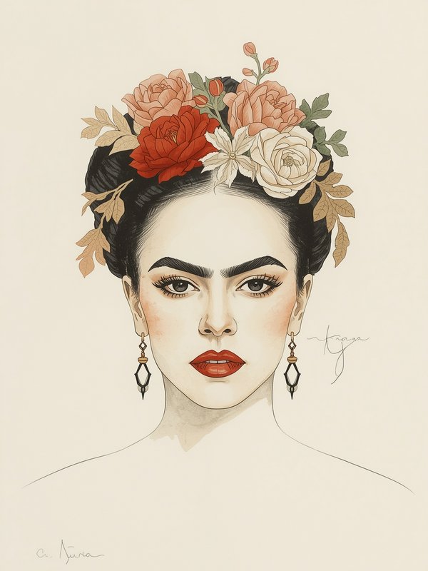 Frida Kahlo-inspired portrait with a vibrant flower crown