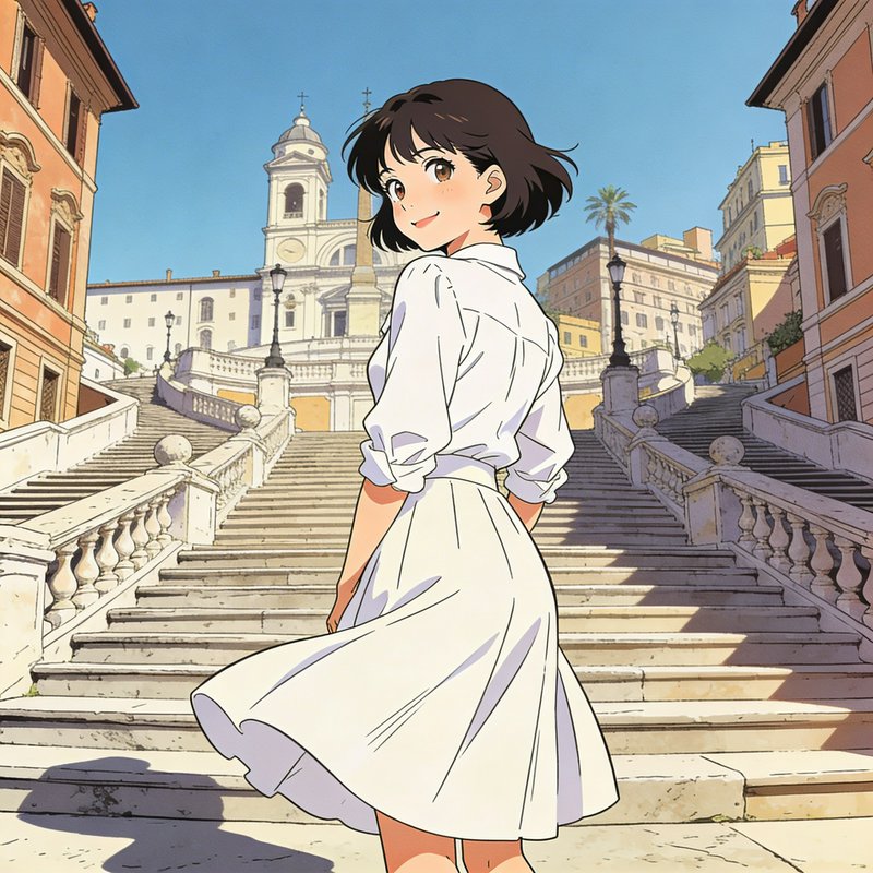Anime girl in a white dress standing on grand stone stairs in a sunny European plaza.