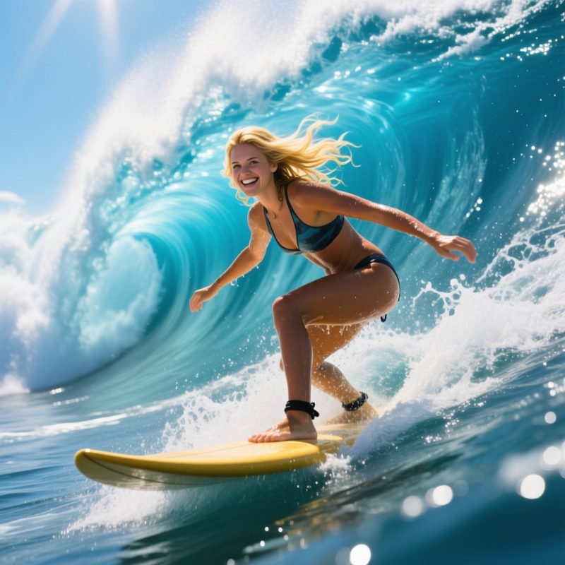 Young woman surfing a turquoise ocean wave on a yellow surfboard