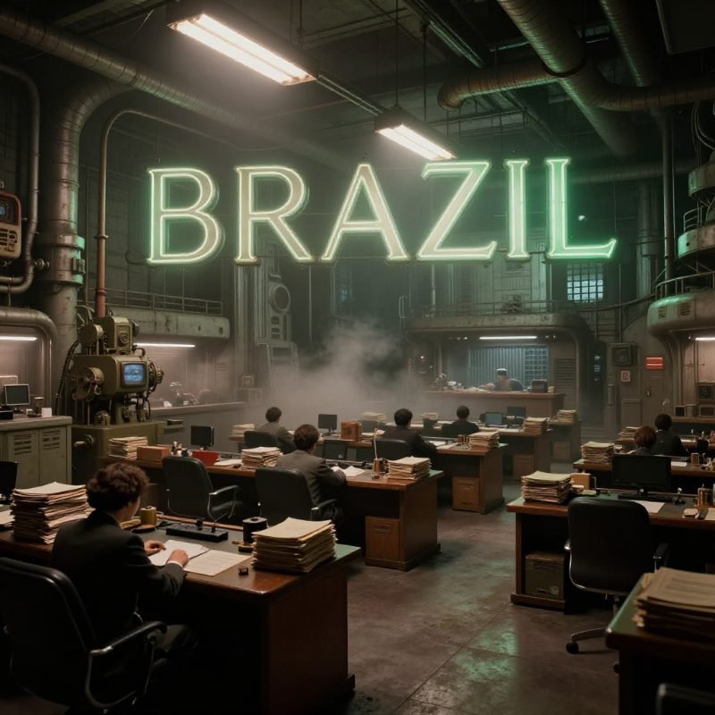 Neon "BRAZIL" sign over a smoky, industrial newsroom with desks and stacks of papers.