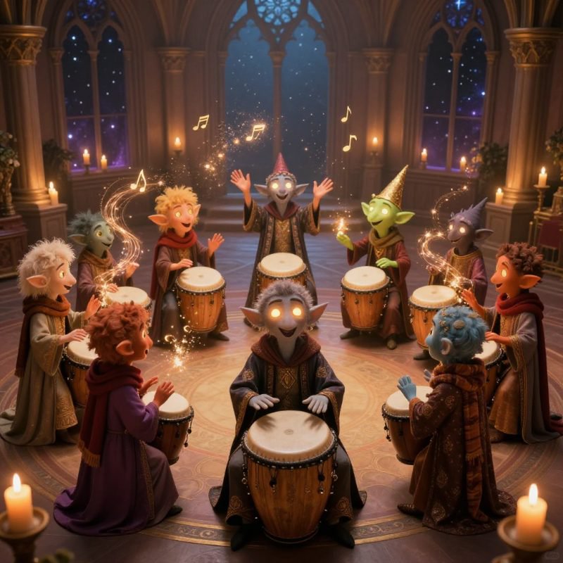 Whimsical elves and gnomes in a circular drum circle inside a candlelit fantasy hall.
